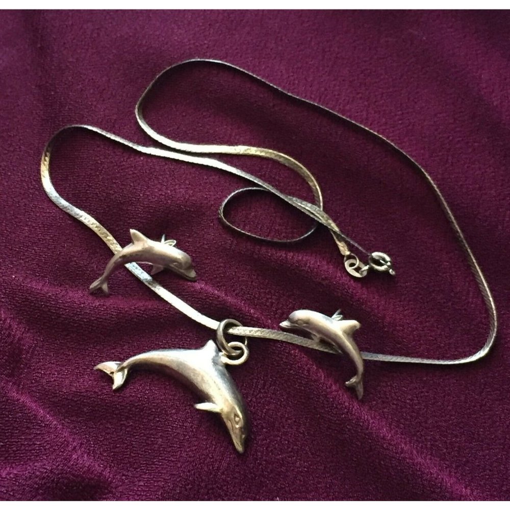 VTG Sterling Silver 925 Dolphin Pierced EARRINGS necklace set Italy fish jewelry